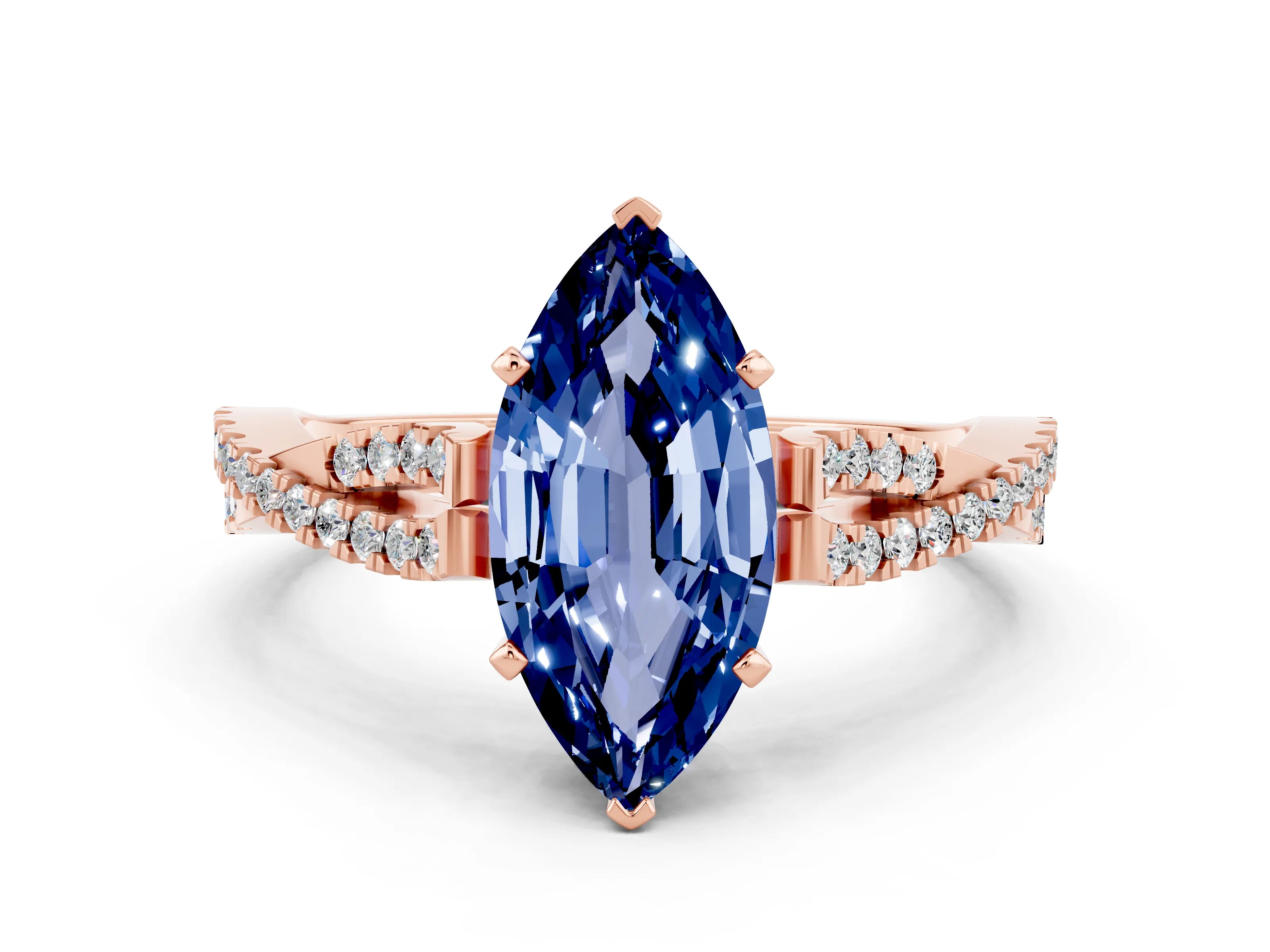 Rose gold Marquise Cut Blue Sapphire Solitaire Engagement Ring with Twisted Pavé Band and Four-Prong Setting