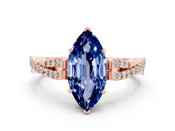 Rose gold Marquise Cut Blue Sapphire Solitaire Engagement Ring with Twisted Pavé Band and Four-Prong Setting