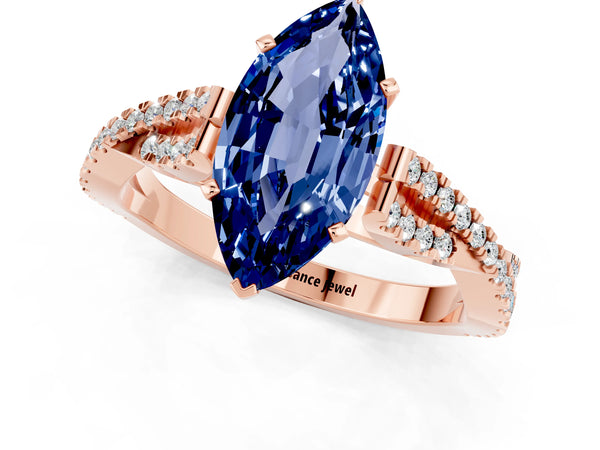 Rose gold Marquise Cut Blue Sapphire Solitaire Engagement Ring with Twisted Pavé Band and Four-Prong Setting