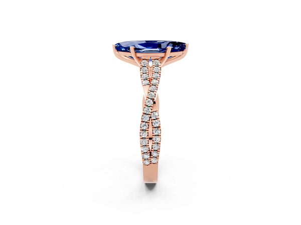Rose gold Marquise Cut Blue Sapphire Solitaire Engagement Ring with Twisted Pavé Band and Four-Prong Setting