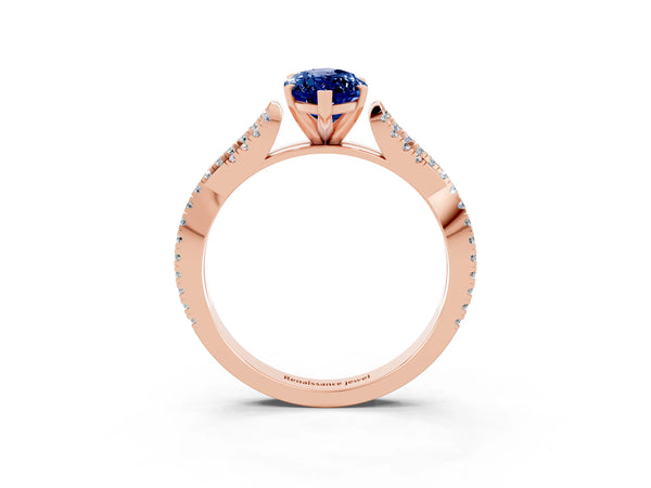 Rose gold Marquise Cut Blue Sapphire Solitaire Engagement Ring with Twisted Pavé Band and Four-Prong Setting