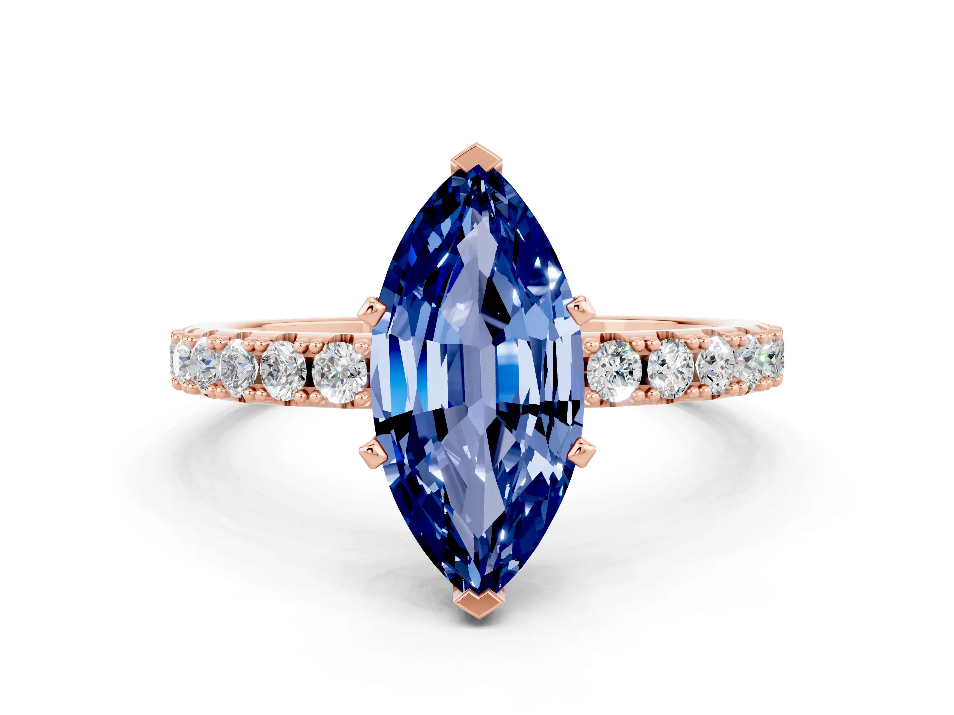 Rose gold Marquise Cut Blue Sapphire Solitaire Pavé Band with Four-Prong Setting