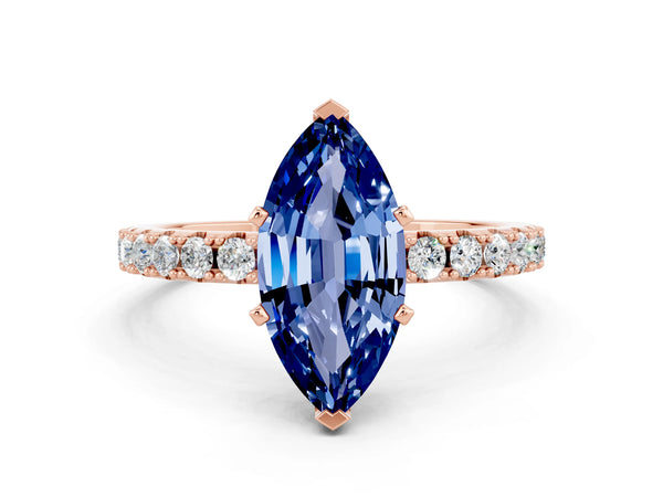 Rose gold Marquise Cut Blue Sapphire Solitaire Pavé Band with Four-Prong Setting