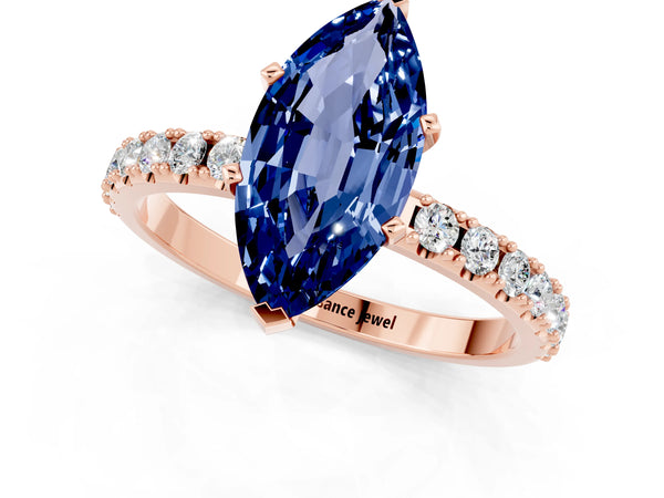 Rose gold Marquise Cut Blue Sapphire Solitaire Pavé Band with Four-Prong Setting