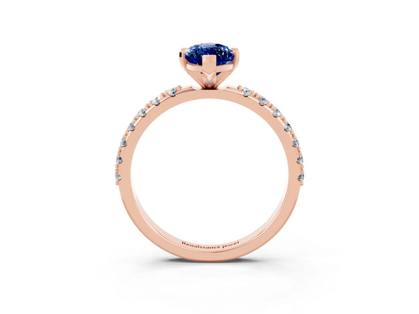 Rose gold Marquise Cut Blue Sapphire Solitaire Pavé Band with Four-Prong Setting