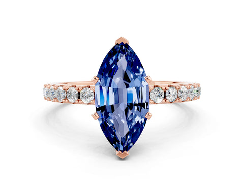 Rose gold Marquise Cut Blue Sapphire Solitaire Pavé Band with Four-Prong Setting