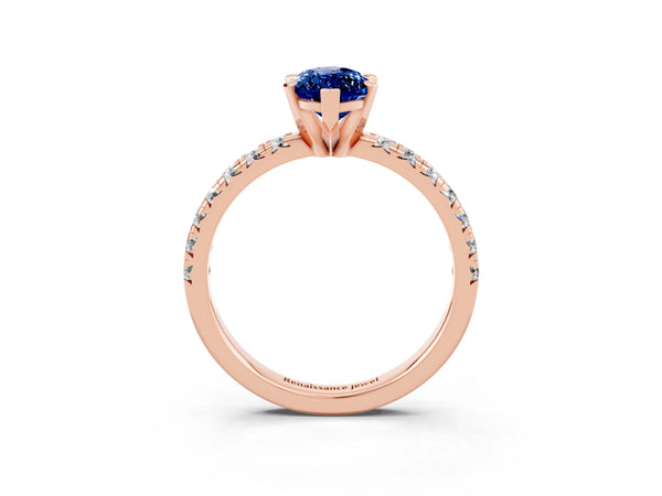 Rose gold Marquise Cut Blue Sapphire Solitaire Pavé Engagement Ring with Round Band and Prong Setting