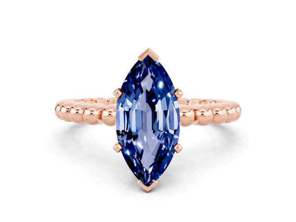 Rose gold Marquise Cut Blue Sapphire Solitaire Ring with Beaded Band and Prong Setting