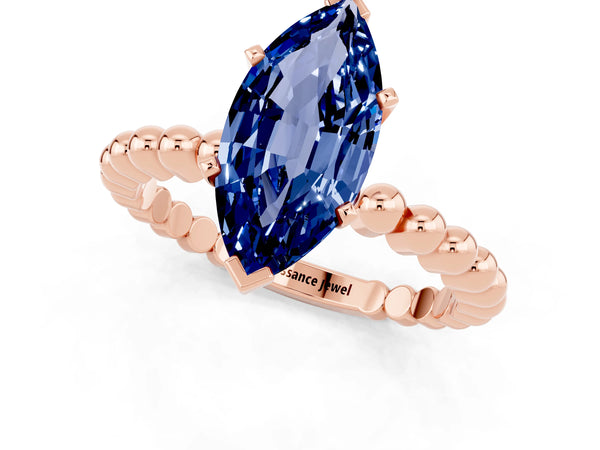 Rose gold Marquise Cut Blue Sapphire Solitaire Ring with Beaded Band and Prong Setting
