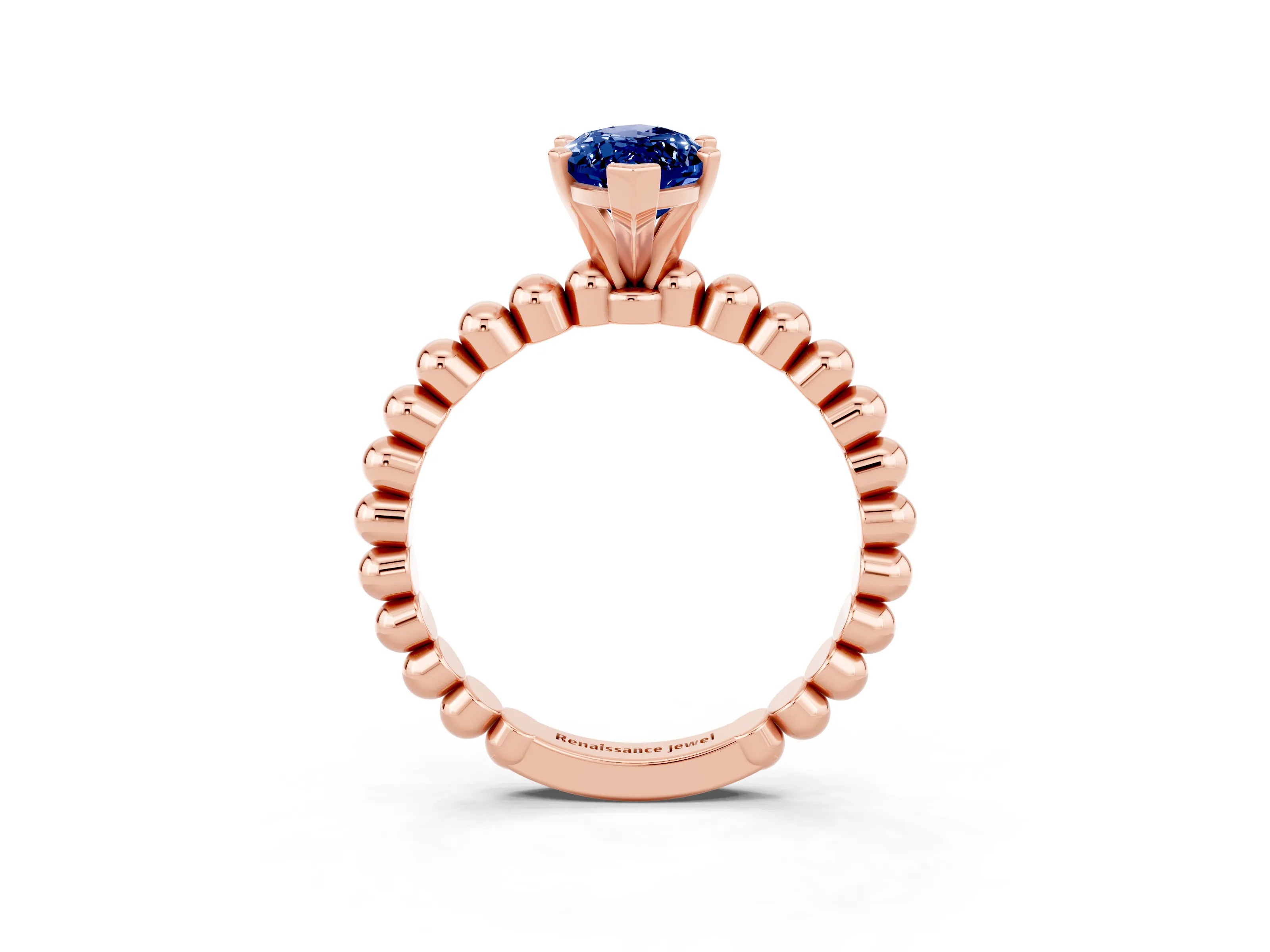 Rose gold Marquise Cut Blue Sapphire Solitaire Ring with Beaded Band and Prong Setting_3