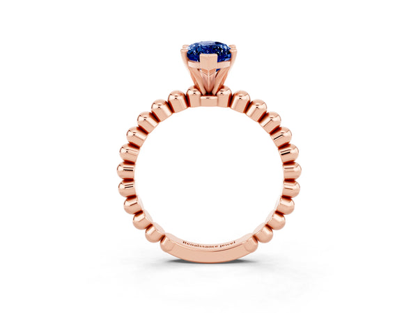 Rose gold Marquise Cut Blue Sapphire Solitaire Ring with Beaded Band and Prong Setting