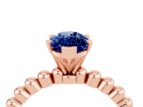 Rose gold Marquise Cut Blue Sapphire Solitaire Ring with Beaded Band and Prong Setting_4