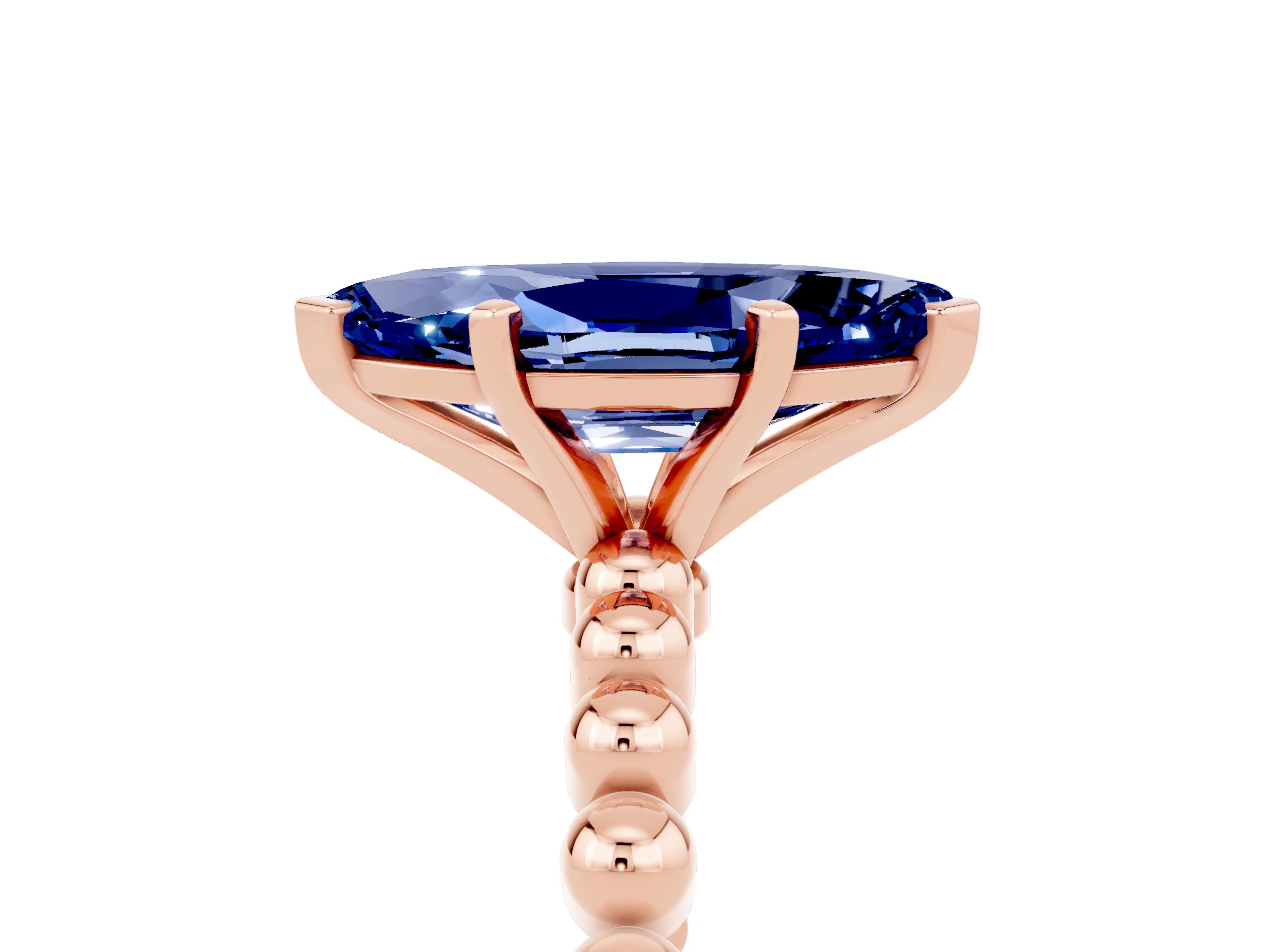 Rose gold Marquise Cut Blue Sapphire Solitaire Ring with Beaded Band and Prong Setting_5