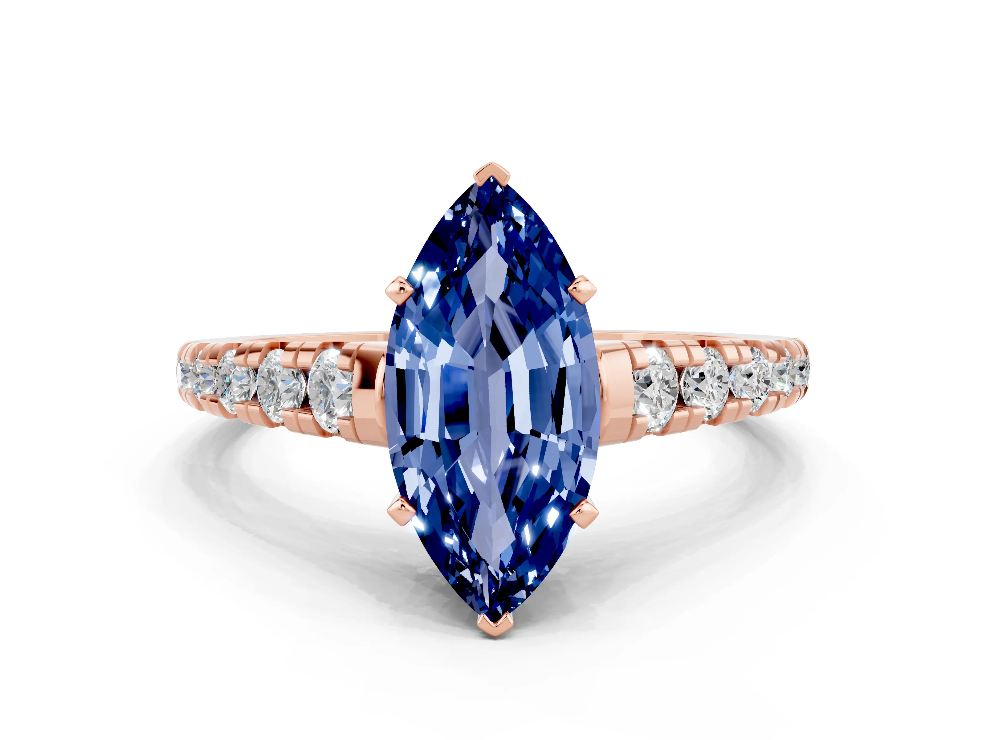 Rose gold Marquise Cut Blue Sapphire Solitaire Ring with Cathedral Setting and Pavé Band