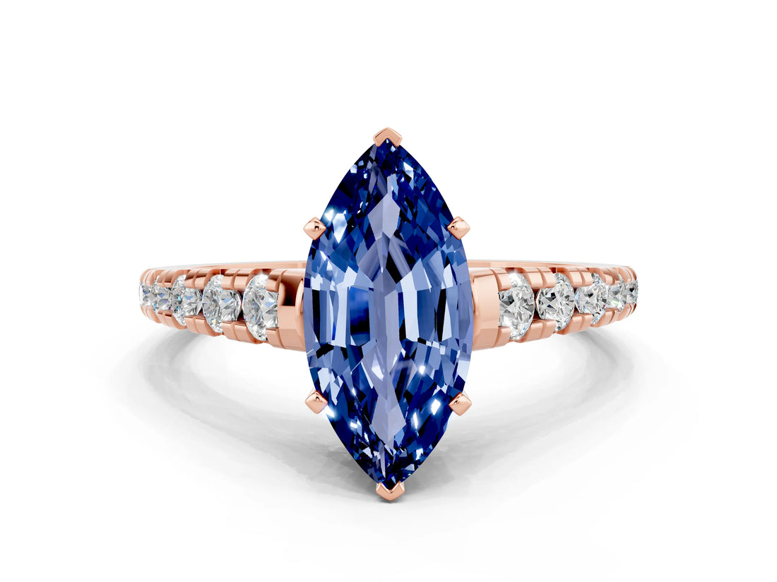 Rose gold Marquise Cut Blue Sapphire Solitaire Ring with Cathedral Setting and Pavé Band