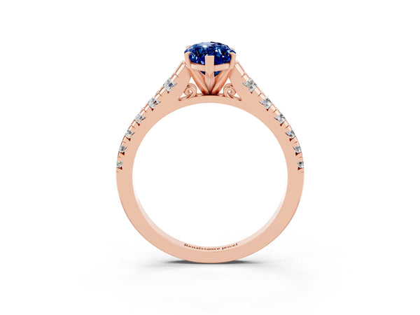 Rose gold Marquise Cut Blue Sapphire Cathedral Solitaire Ring with Round  Pavé Band