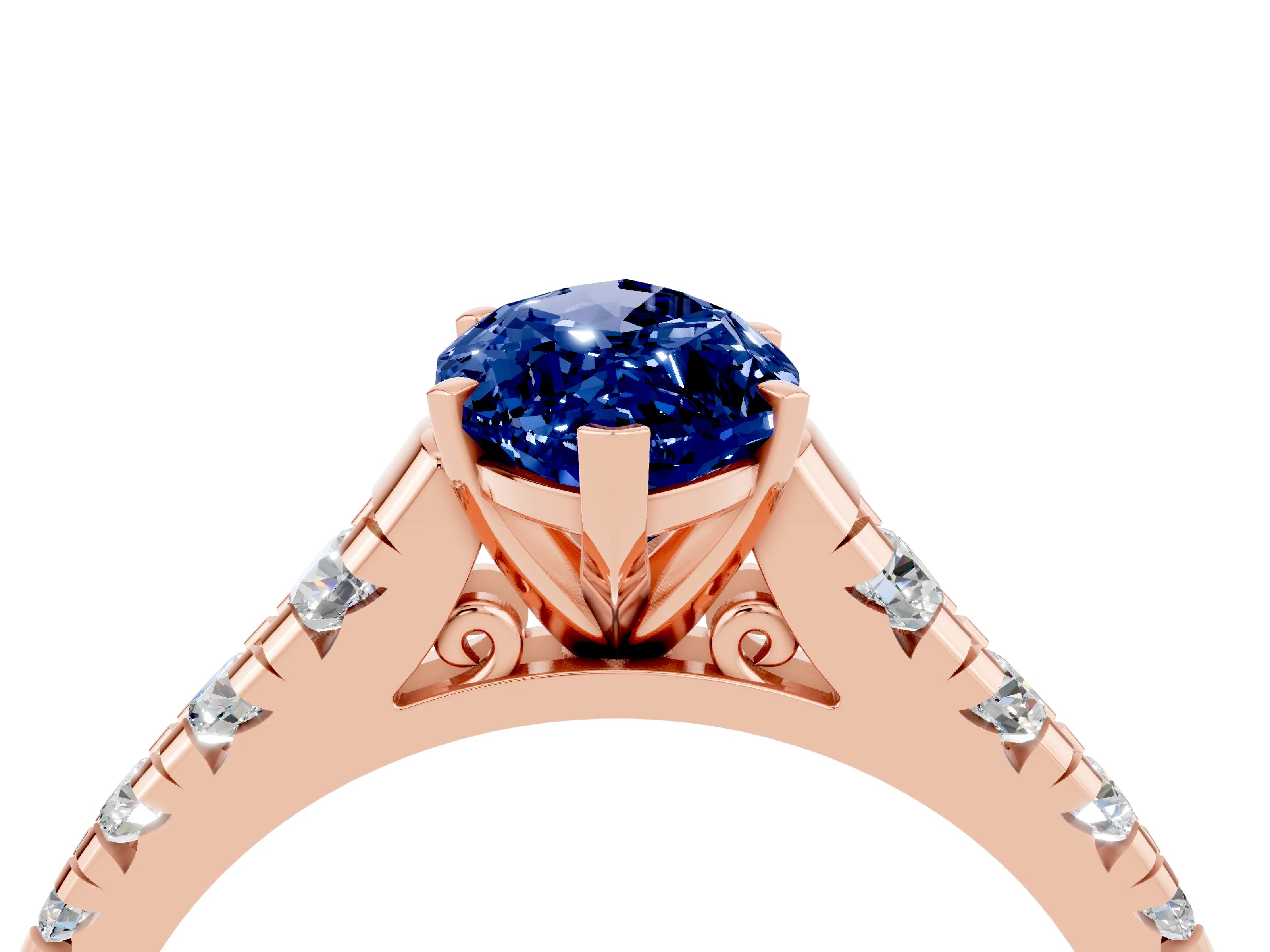 Rose gold Marquise Cut Blue Sapphire Solitaire Ring with Cathedral Setting and Pavé Band_4