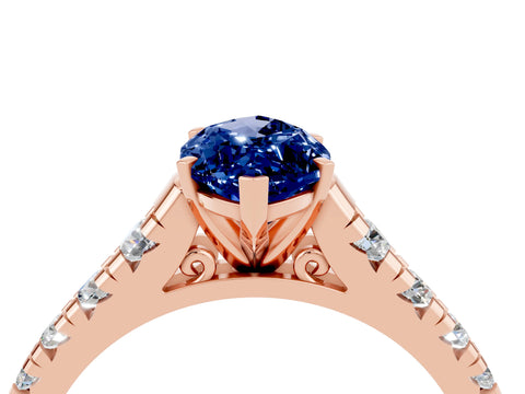 Rose gold Marquise Cut Blue Sapphire Solitaire Ring with Cathedral Setting and Pavé Band_4