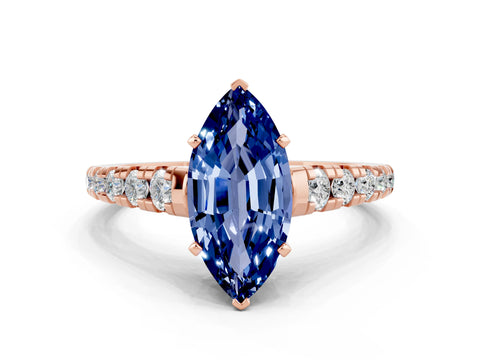 Rose gold Marquise Cut Blue Sapphire Solitaire Ring with Cathedral Setting and Pavé Band