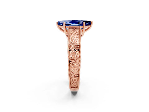 Rose gold Marquise Cut Blue Sapphire Solitaire Ring with Engraved Band and Four-Prong Setting_2