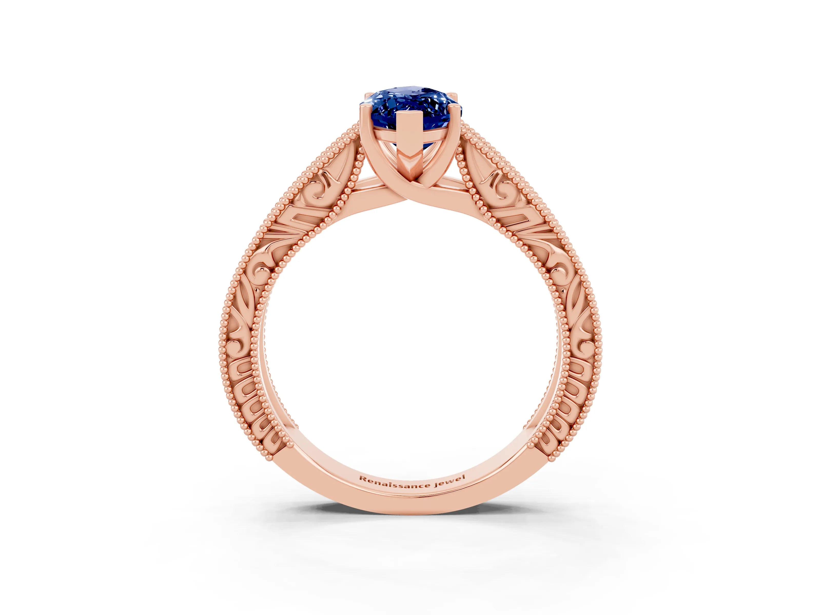 Rose gold Marquise Cut Blue Sapphire Solitaire Ring with Engraved Band and Four-Prong Setting_3