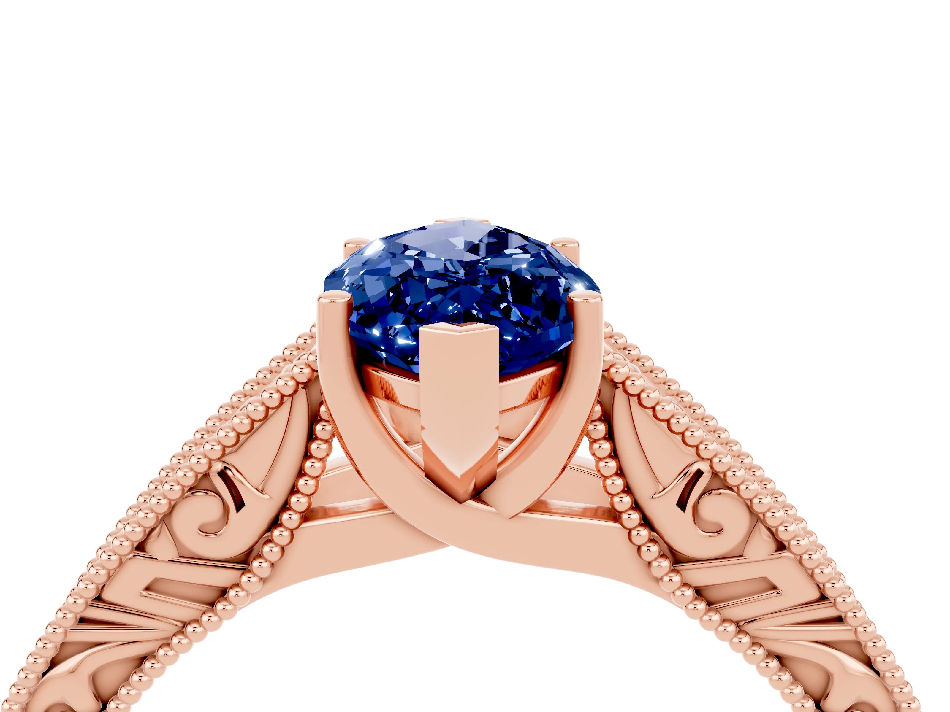 Rose gold Marquise Cut Blue Sapphire Solitaire Ring with Engraved Band and Four-Prong Setting_4