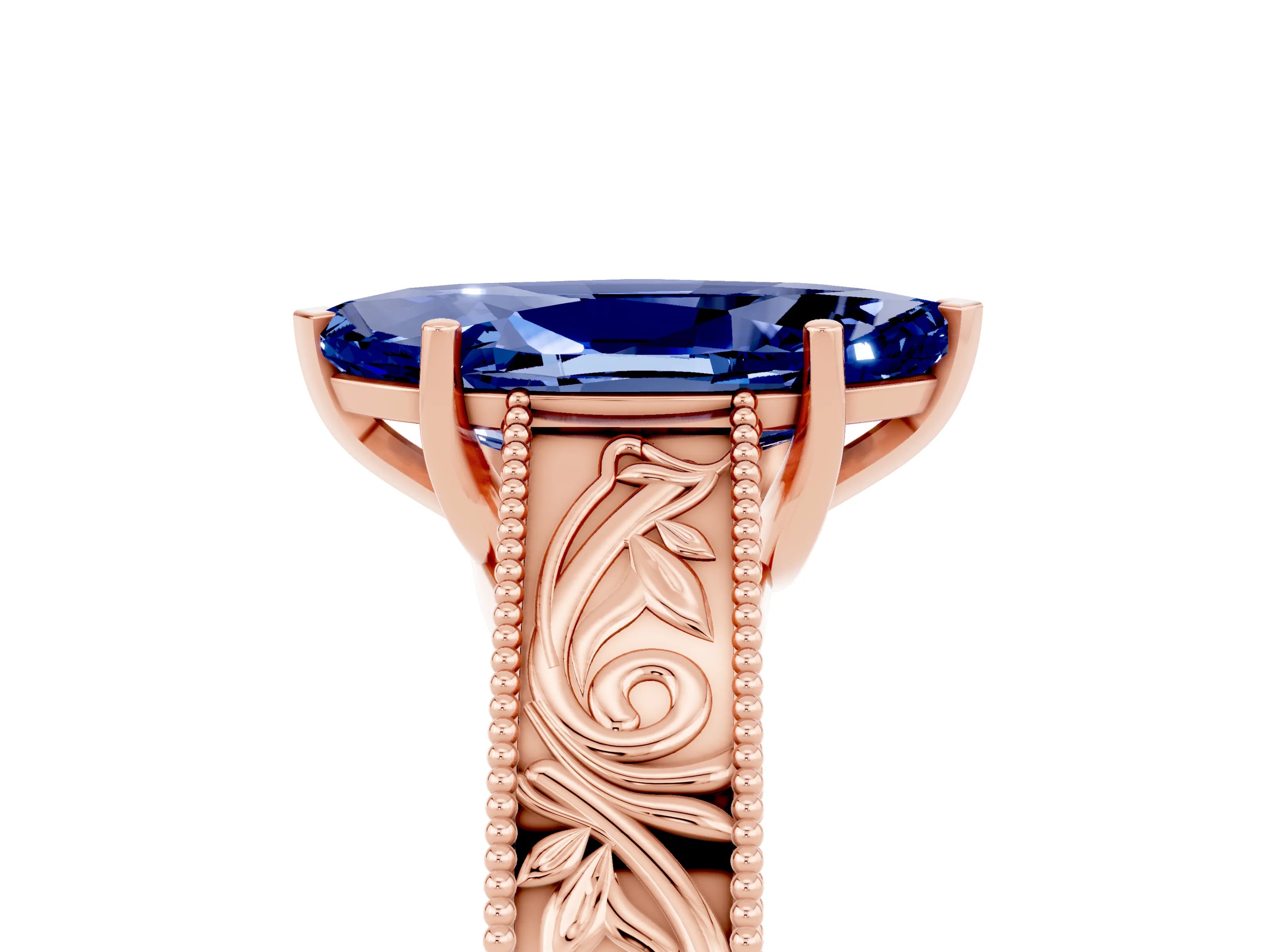 Rose gold Marquise Cut Blue Sapphire Solitaire Ring with Engraved Band and Four-Prong Setting_5
