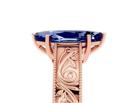 Rose gold Marquise Cut Blue Sapphire Solitaire Ring with Engraved Band and Four-Prong Setting_5