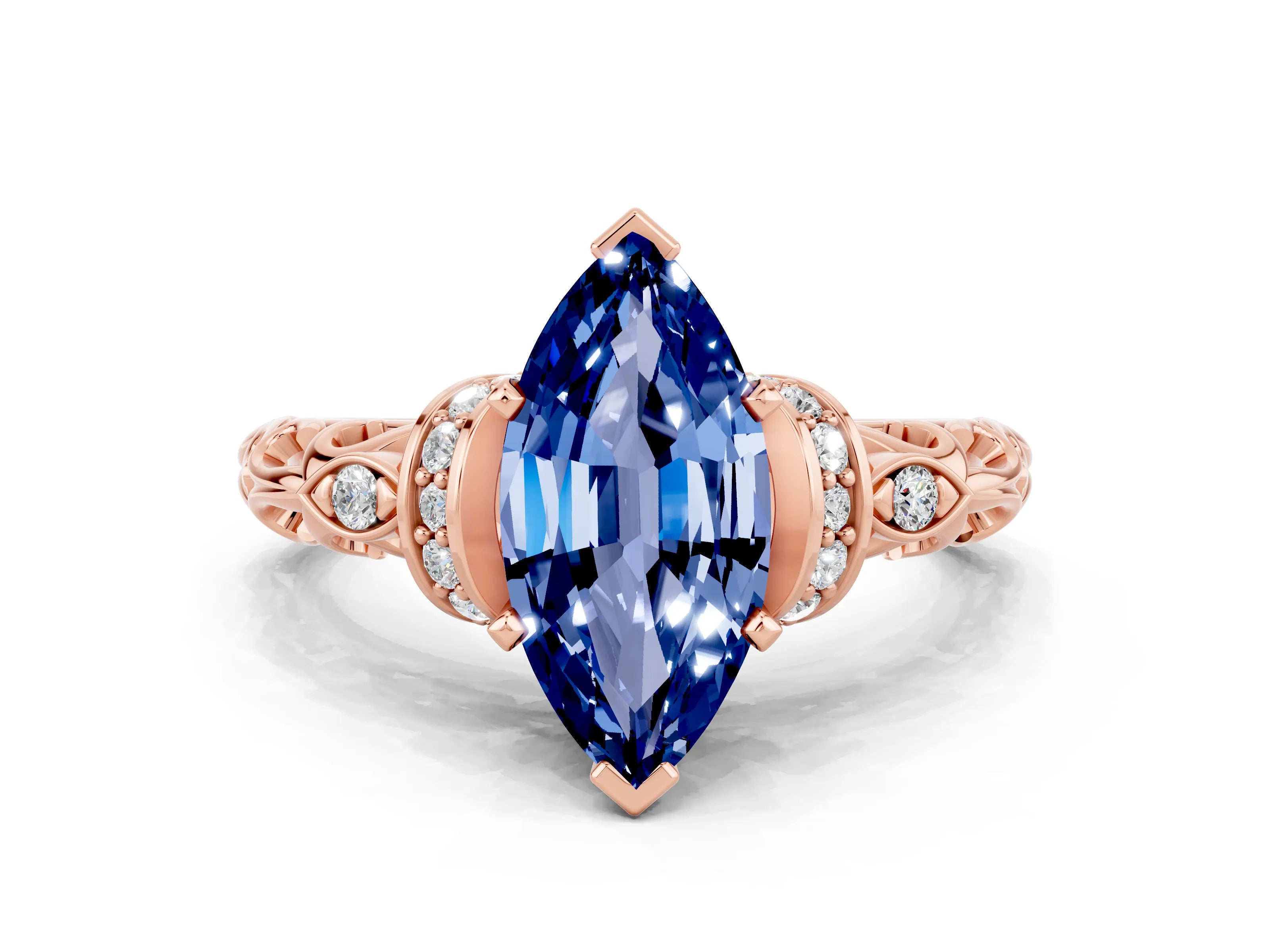 Rose gold Marquise Cut Blue Sapphire Solitaire Ring with Filigree Band and Four-Prong Setting_24