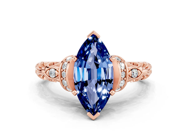 Rose gold Marquise Cut Blue Sapphire Solitaire Ring with Filigree Band and Four-Prong Setting