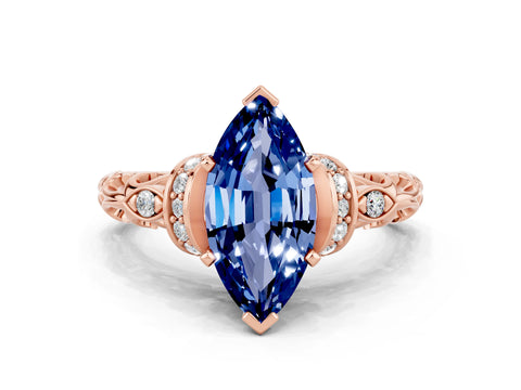Rose gold Marquise Cut Blue Sapphire Solitaire Ring with Filigree Band and Four-Prong Setting_24