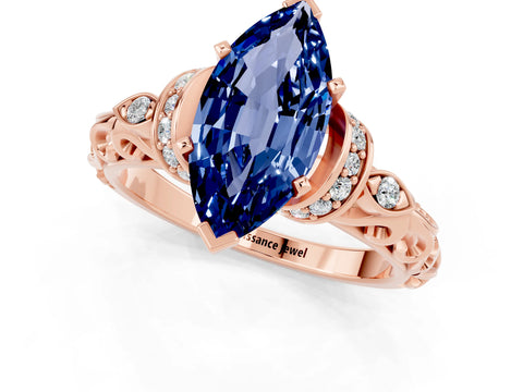 Rose gold Marquise Cut Blue Sapphire Solitaire Ring with Filigree Band and Four-Prong Setting_25
