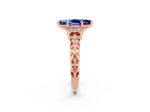 Rose gold Marquise Cut Blue Sapphire Solitaire Ring with Filigree Band and Four-Prong Setting_26