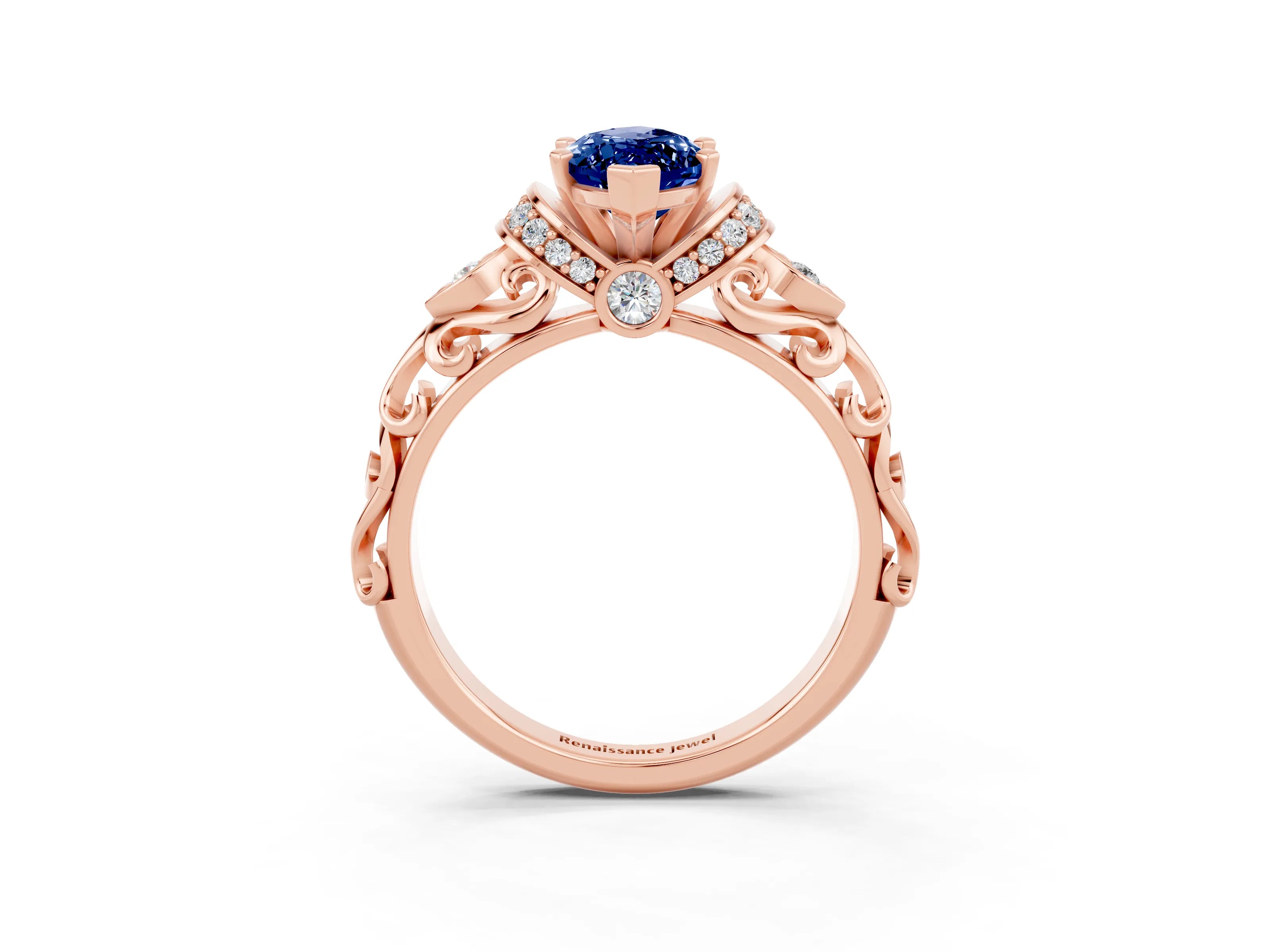 Rose gold Marquise Cut Blue Sapphire Solitaire Ring with Filigree Band and Four-Prong Setting_27