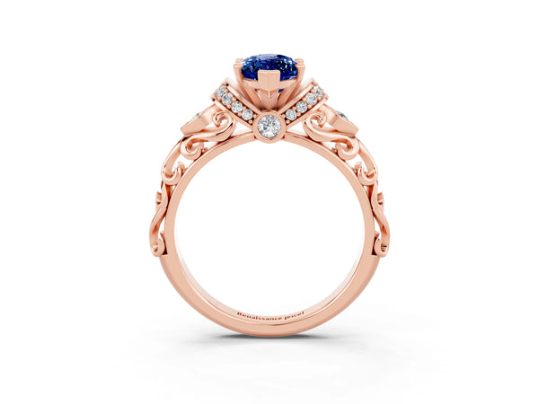 Rose gold Marquise Cut Blue Sapphire Solitaire Ring with Filigree Band and Four-Prong Setting