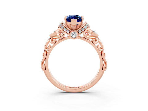 Rose gold Marquise Cut Blue Sapphire Solitaire Ring with Filigree Band and Four-Prong Setting_27