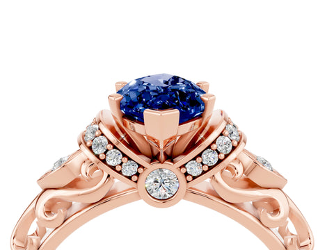 Rose gold Marquise Cut Blue Sapphire Solitaire Ring with Filigree Band and Four-Prong Setting_28