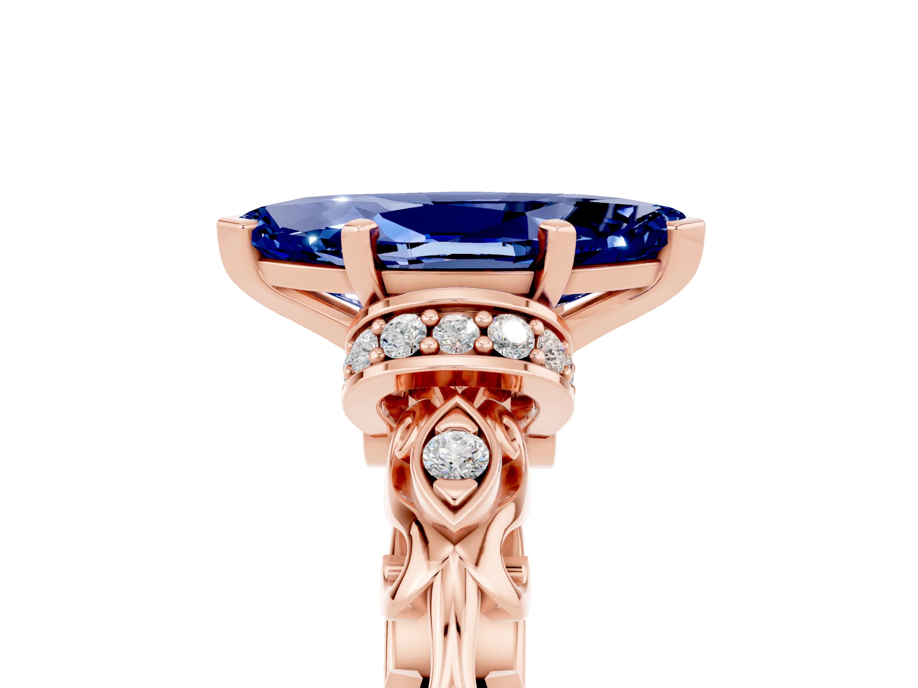 Rose gold Marquise Cut Blue Sapphire Solitaire Ring with Filigree Band and Four-Prong Setting_29