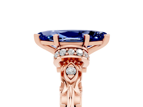 Rose gold Marquise Cut Blue Sapphire Solitaire Ring with Filigree Band and Four-Prong Setting_29