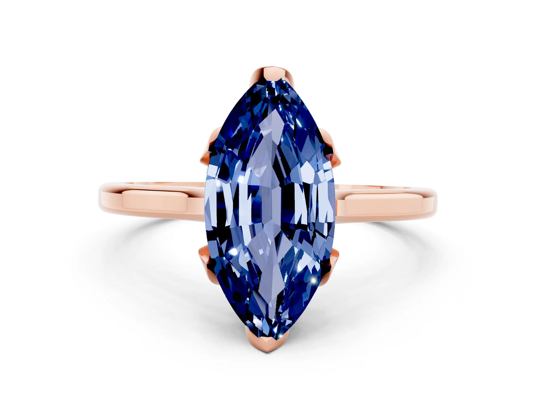 Rose gold Marquise Cut Blue Sapphire Solitaire Ring with Flower Prong Setting and Classic Band_36