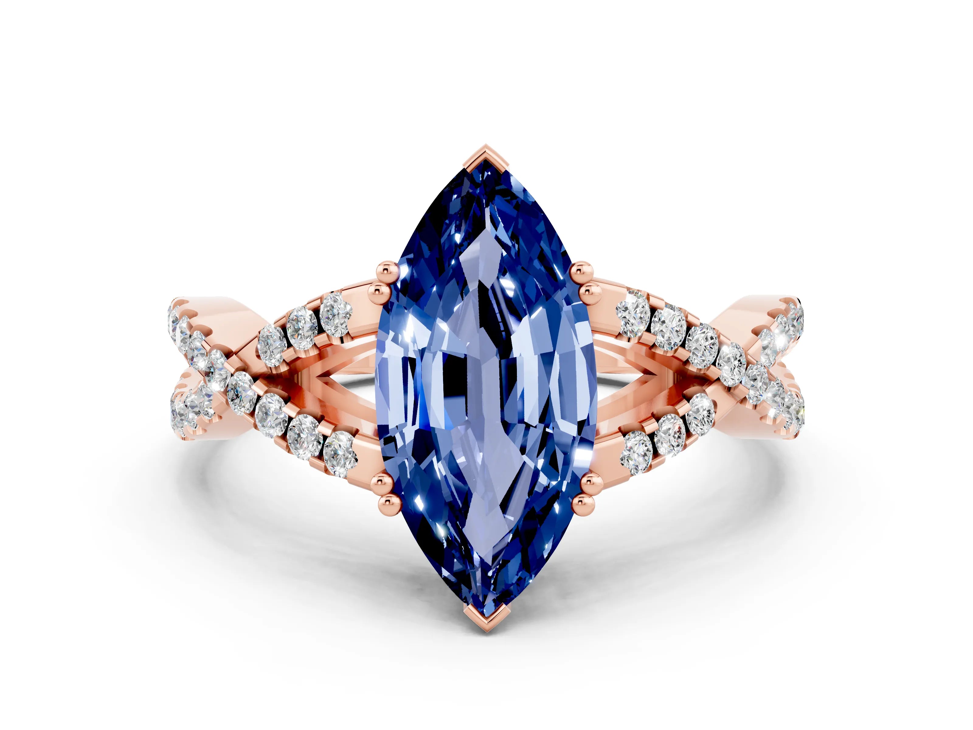 Rose gold Marquise Cut Blue Sapphire Solitaire Ring with Four-Prong Setting and Twisted Pavé Band