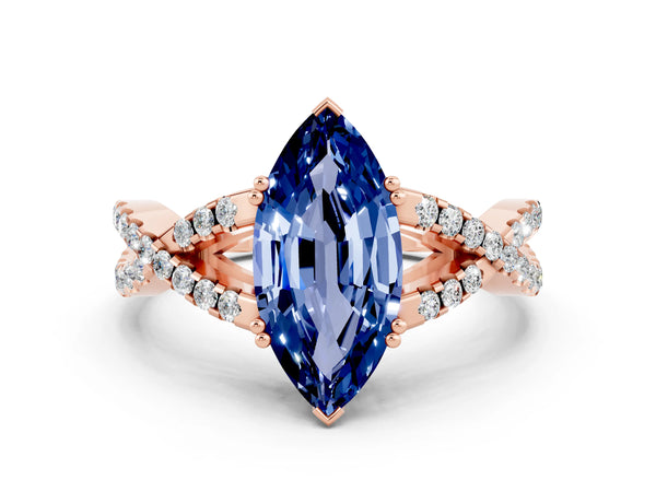 Rose gold Marquise Cut Blue Sapphire Solitaire Ring with Four-Prong Setting and Twisted Pavé Band