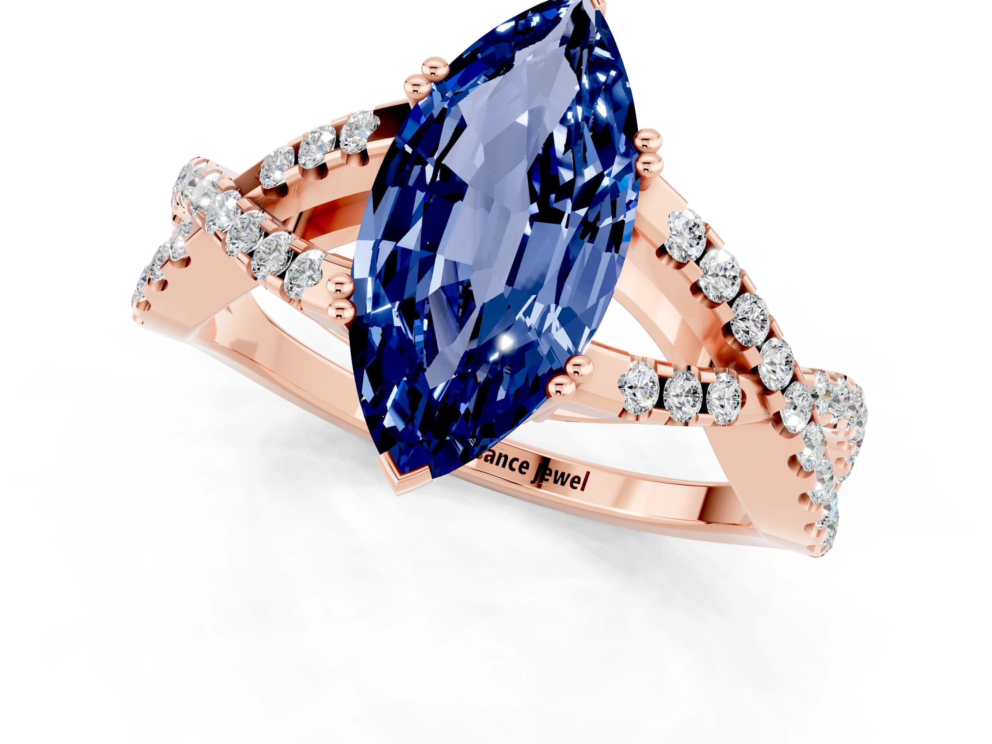 Rose gold Marquise Cut Blue Sapphire Solitaire Ring with Four-Prong Setting and Twisted Pavé Band_1