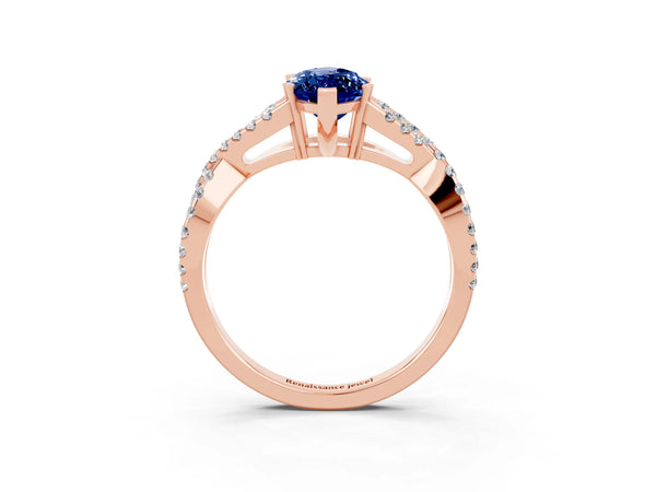 Rose gold Marquise Cut Blue Sapphire Solitaire Ring with Four-Prong Setting and Twisted Pavé Band