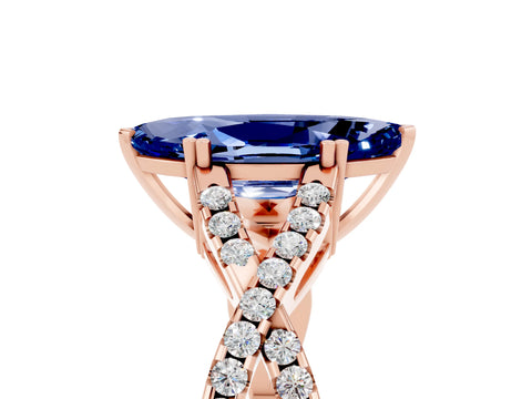 Rose gold Marquise Cut Blue Sapphire Solitaire Ring with Four-Prong Setting and Twisted Pavé Band_5