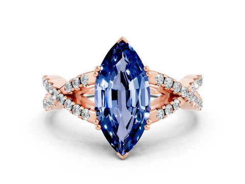Rose gold Marquise Cut Blue Sapphire Solitaire Ring with Four-Prong Setting and Twisted Pavé Band