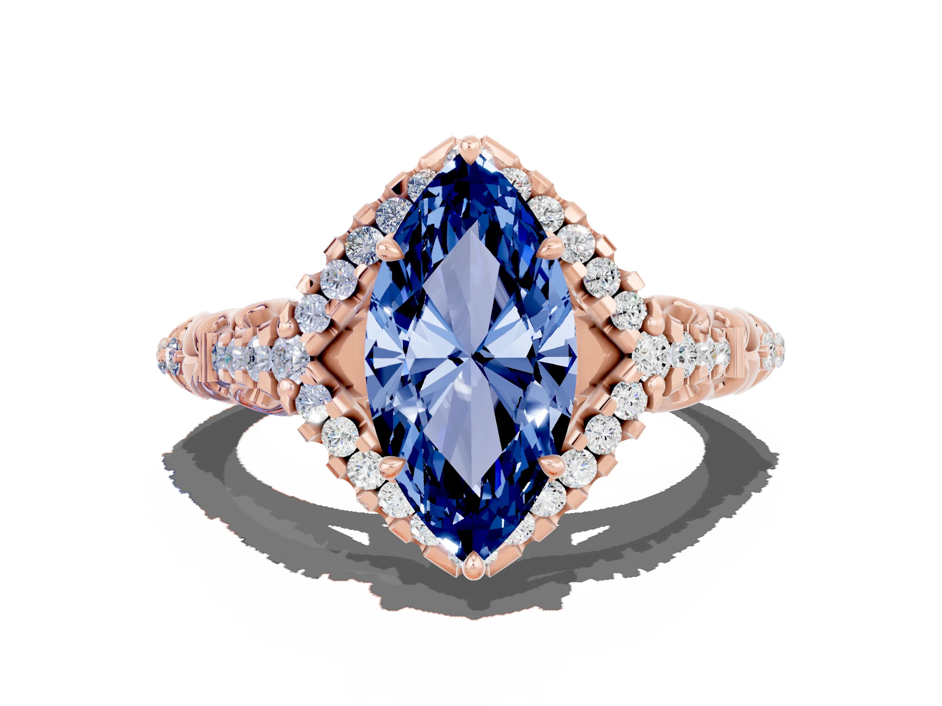 Rose gold Marquise Cut Blue Sapphire Solitaire Ring with Hidden Halo and Pavé Band_24