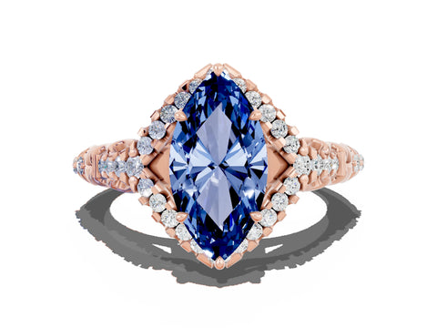 Rose gold Marquise Cut Blue Sapphire Solitaire Ring with Hidden Halo and Pavé Band_24