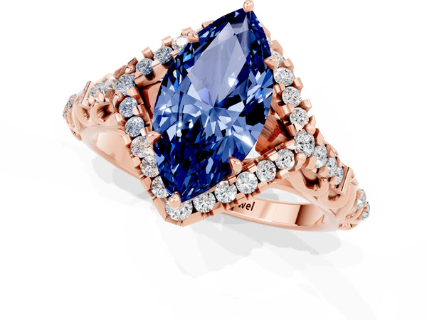 Rose gold Marquise Cut Blue Sapphire Solitaire Ring with Hidden Halo and Pavé Band