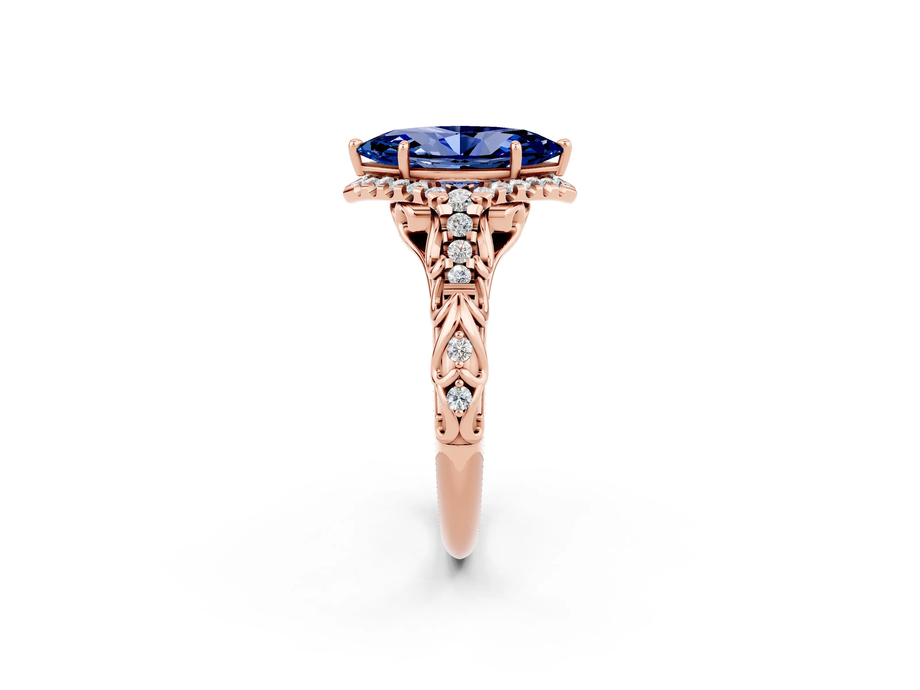 Rose gold Marquise Cut Blue Sapphire Solitaire Ring with Hidden Halo and Pavé Band_26
